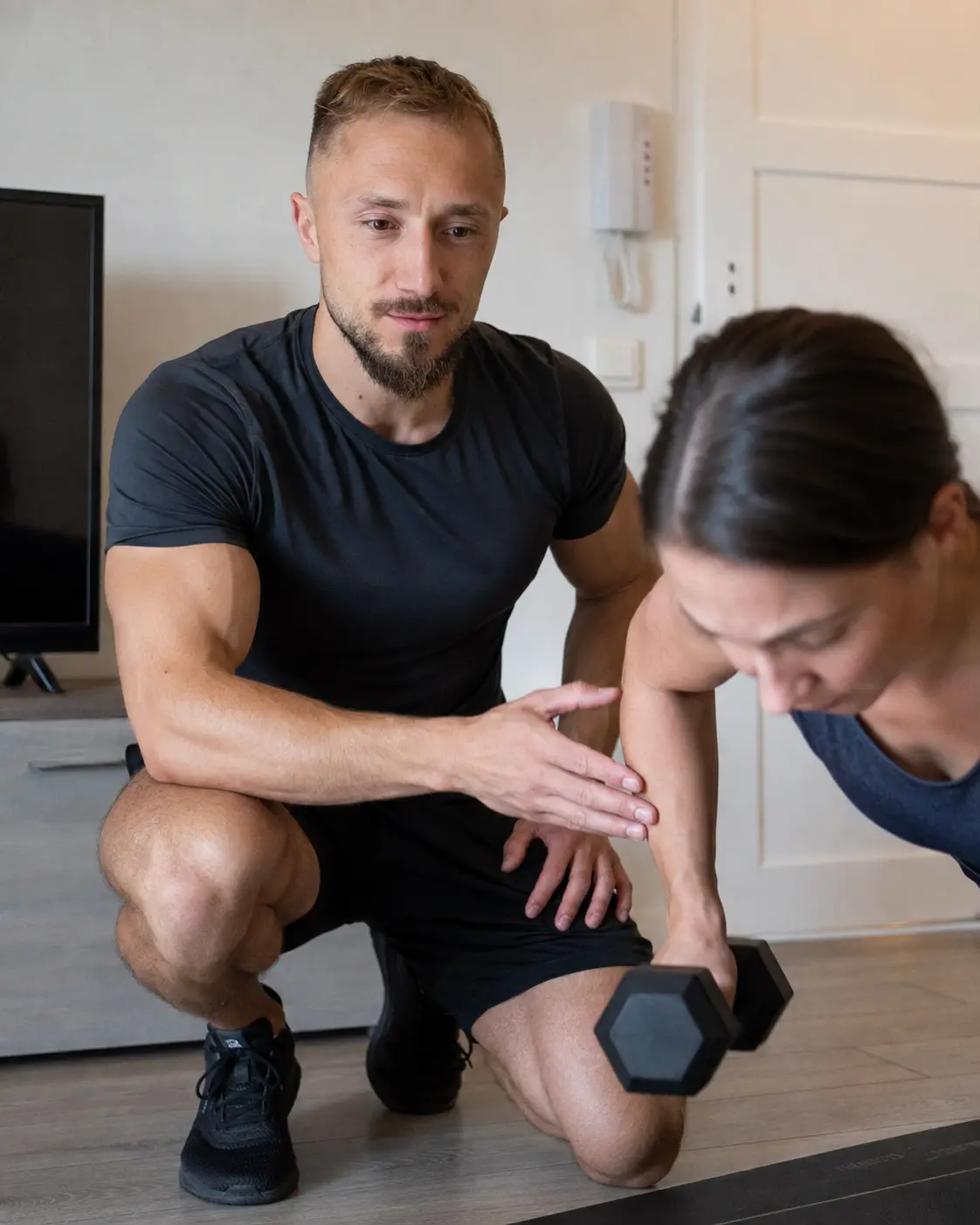 Coach Mat David guiding a client through a dumbbell exercise